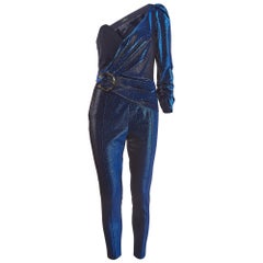 Elisabetta Franchi Blue Lurex Knit One Shoulder Jumpsuit M