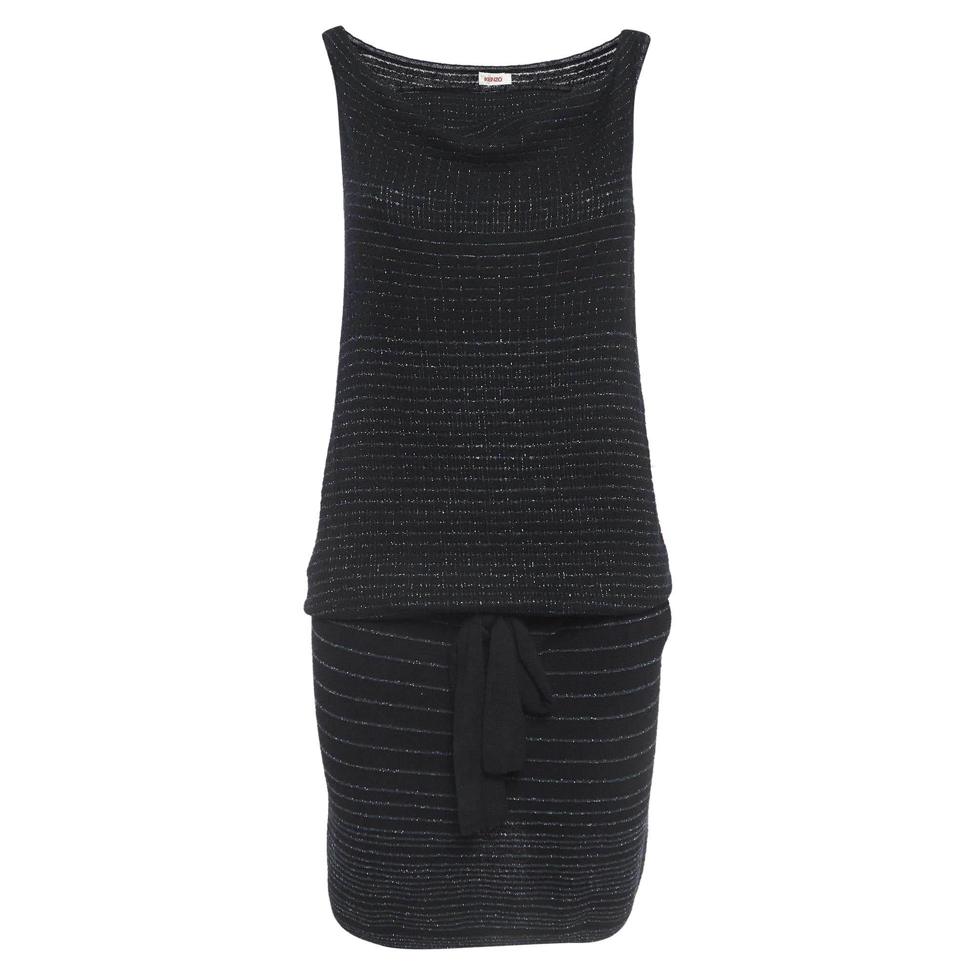 Kenzo Schwarz gestreiftes Lurex-Strick-Minikleid mit Gürtel M