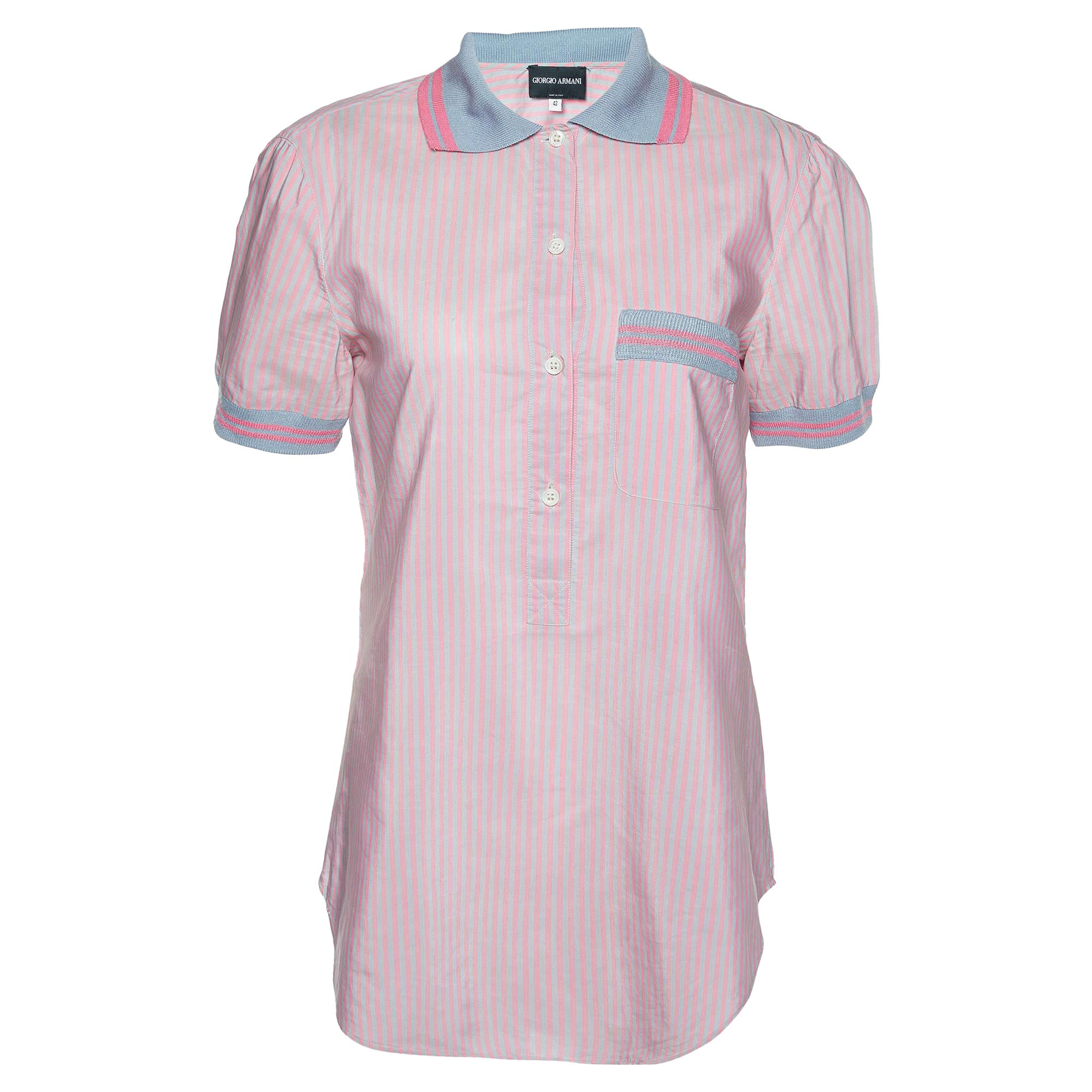 Giorgio Armani Pink Stripe Poplin Half Placket Shirt M For Sale