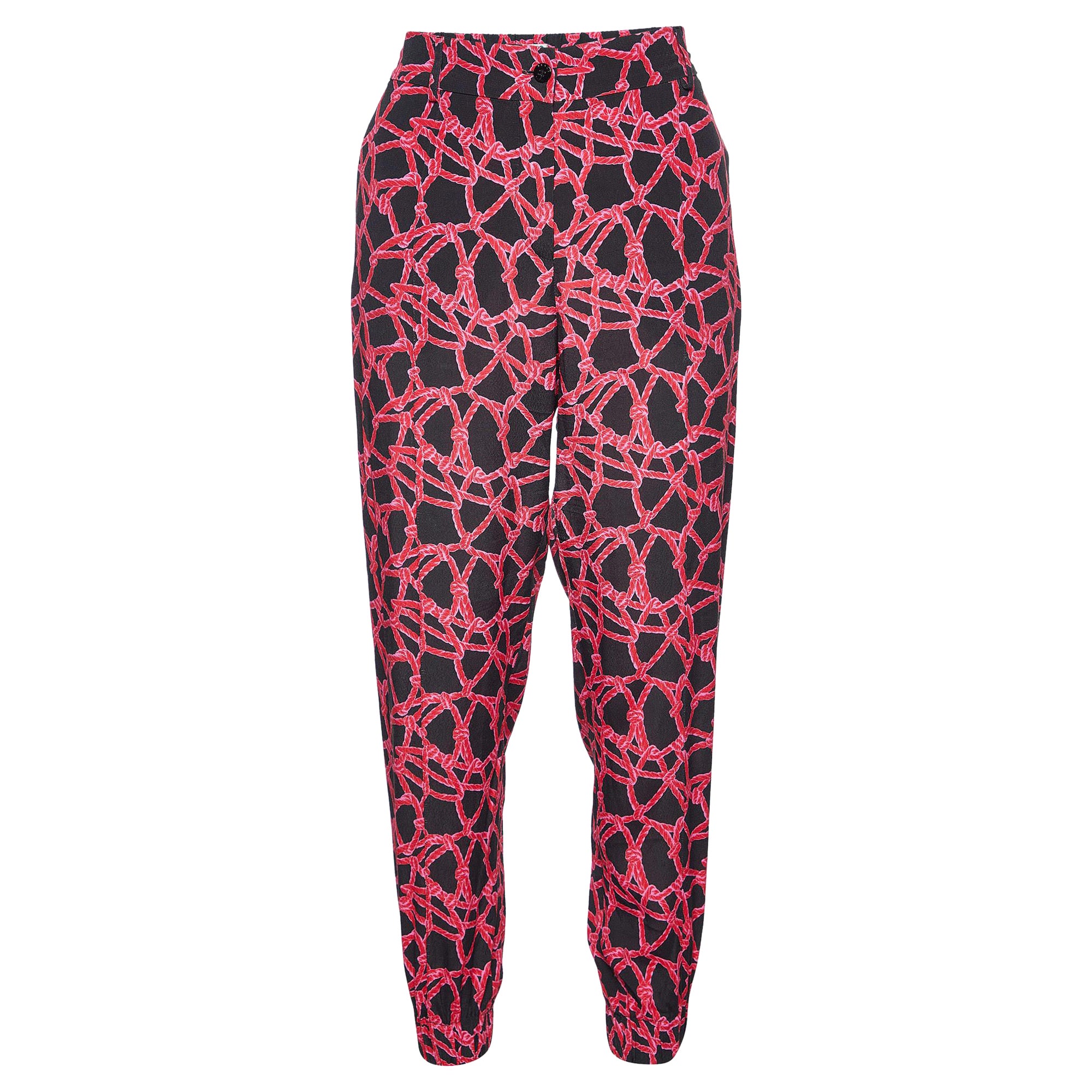 Kenzo Black/Pink Rope Print Crepe Trousers S For Sale