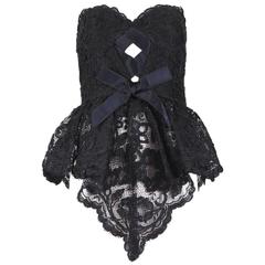Vintage Bill Blass Black French Lace Bustier W/Peplum Waist & Silk Bow Detail