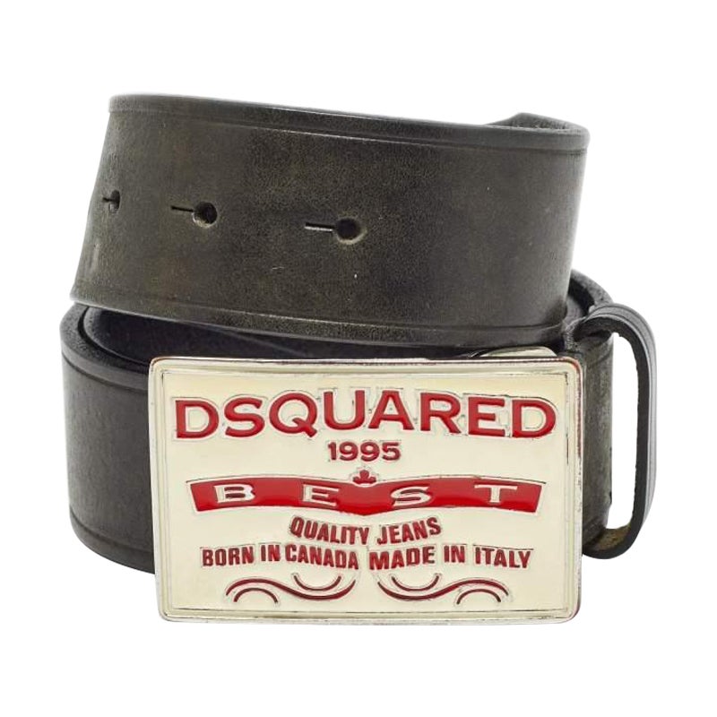 Dsquared2 Black Leather Logo Plague Buckle Belt M For Sale