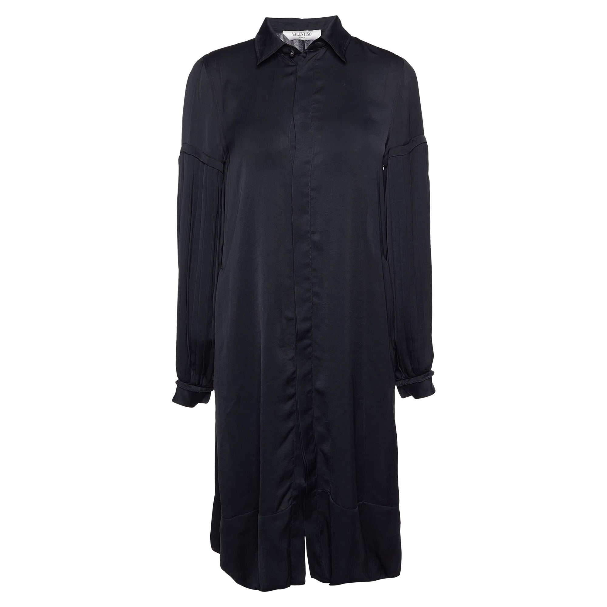 Valentino Black Satin Pleated Sleeve Shirt Dress M