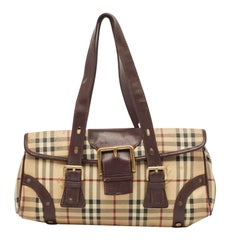 Burberry Brown/Beige House Check PVC and Leather Buckle Flap Bag