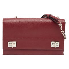 Prada Dark Red Saffiano Cuir Leather Double Shoulder Bag