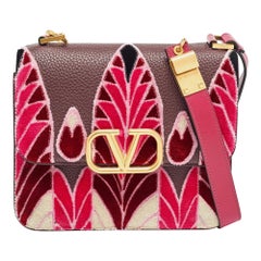 Valentino Pink/Plum Leather and velvet Embroidered VSling Shoulder Bag