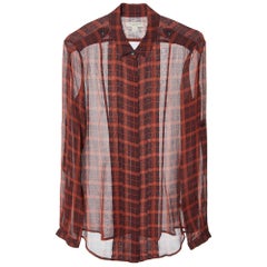 Burberry Brit Brick Red Plaid Check Silk Crepe Pleated Shirt XS
