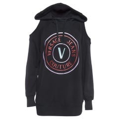 Versace Jeans Couture Nero Stampa Logo Cotone Spalla Fredda Felpa con Cappuccio S