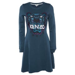 Kenzo Teal Grünes Tiger-Minikleid aus bestickter Baumwolle S