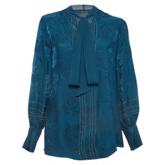 Roberto Cavalli Teal Blue Tiger Jacquard Embellished Blouse S