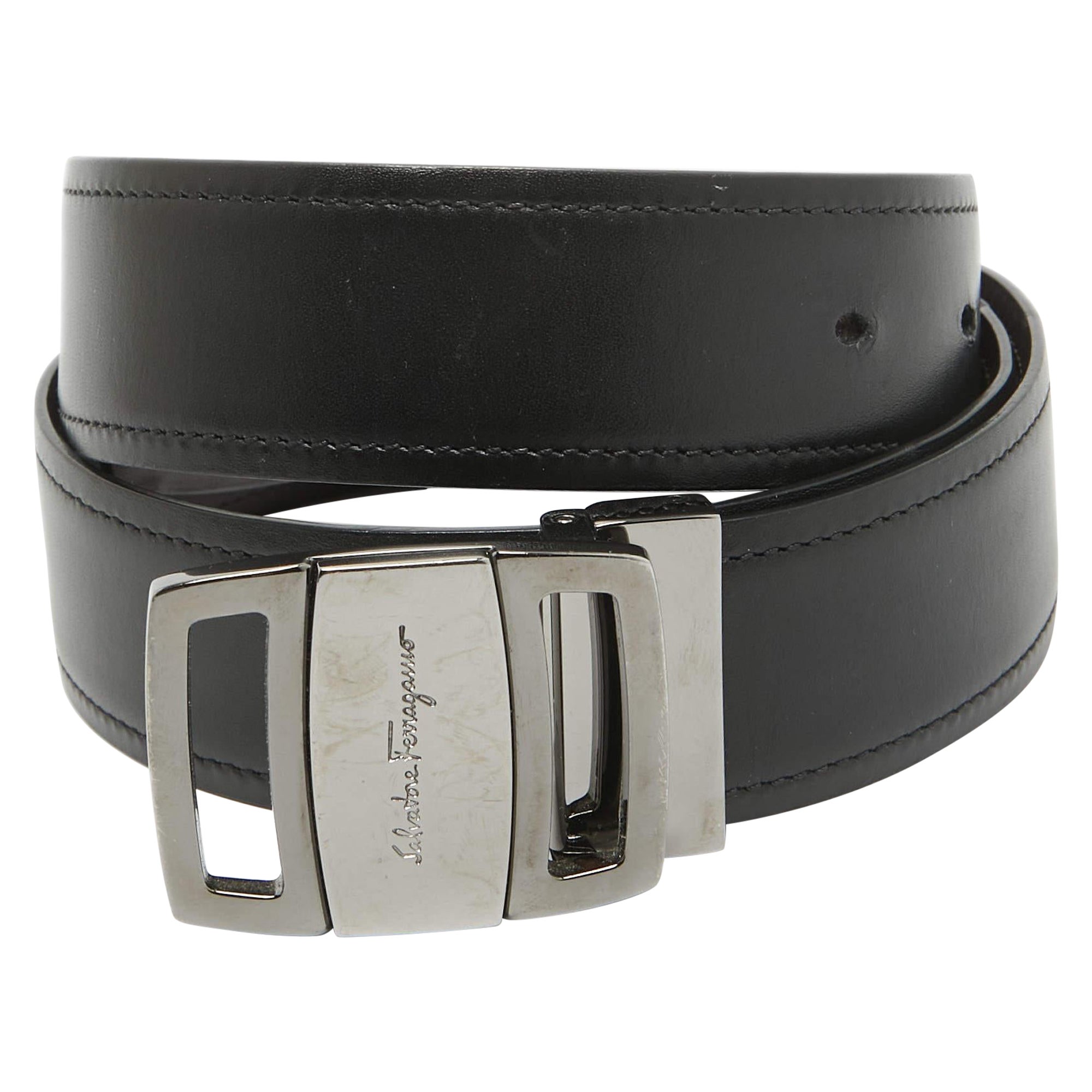 Salvatore Ferragamo Black/Dark Brown Leather Cut to Size Buckle Belt For Sale