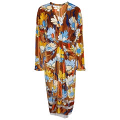 Fendi Brown Daisy Print Chenille Draped Midi Dress S