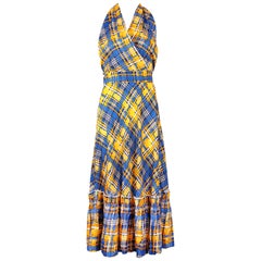 Vintage Yves Saint Laurent YSL Yellow & Blue Plaid Silk 2-Piece Skirt & Halter Ensemble