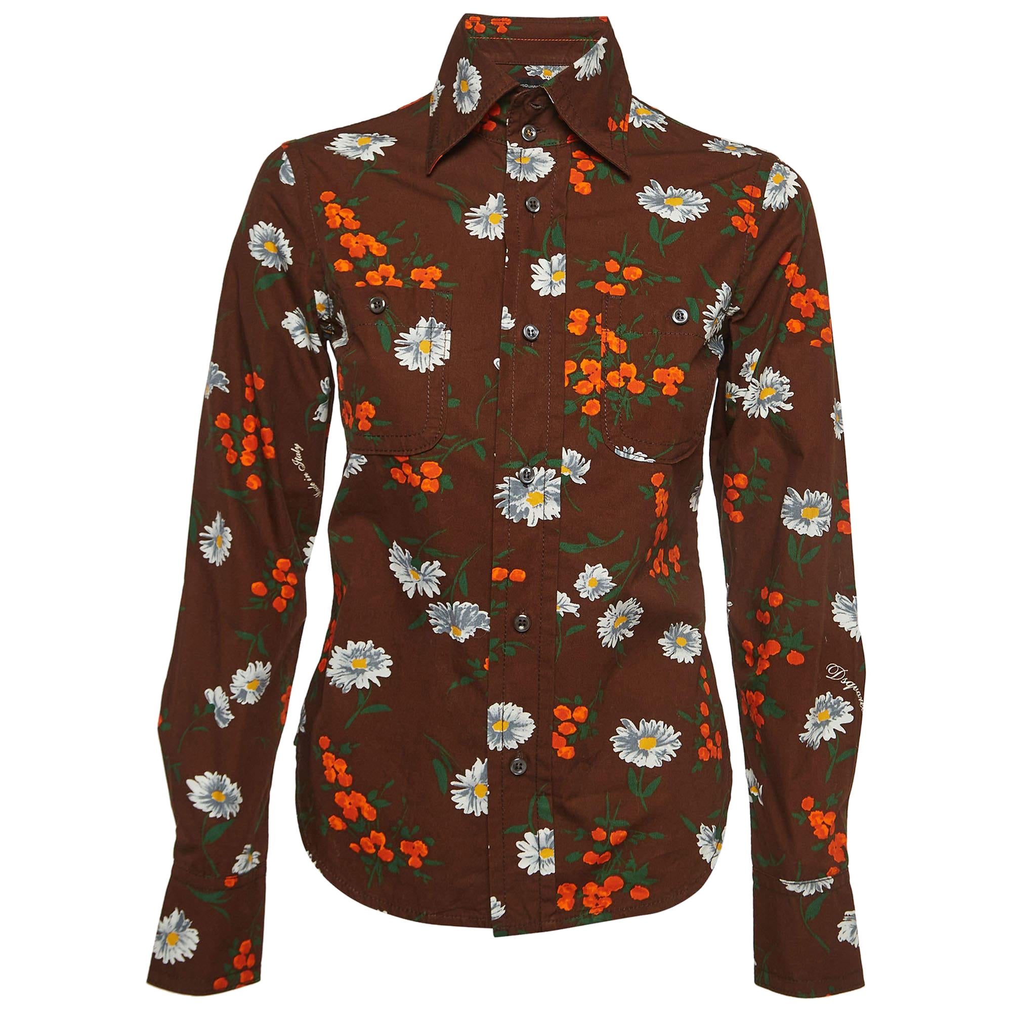 Dsquared2 Brown Blumen drucken Baumwolle volle Ärmel Shirt S im Angebot