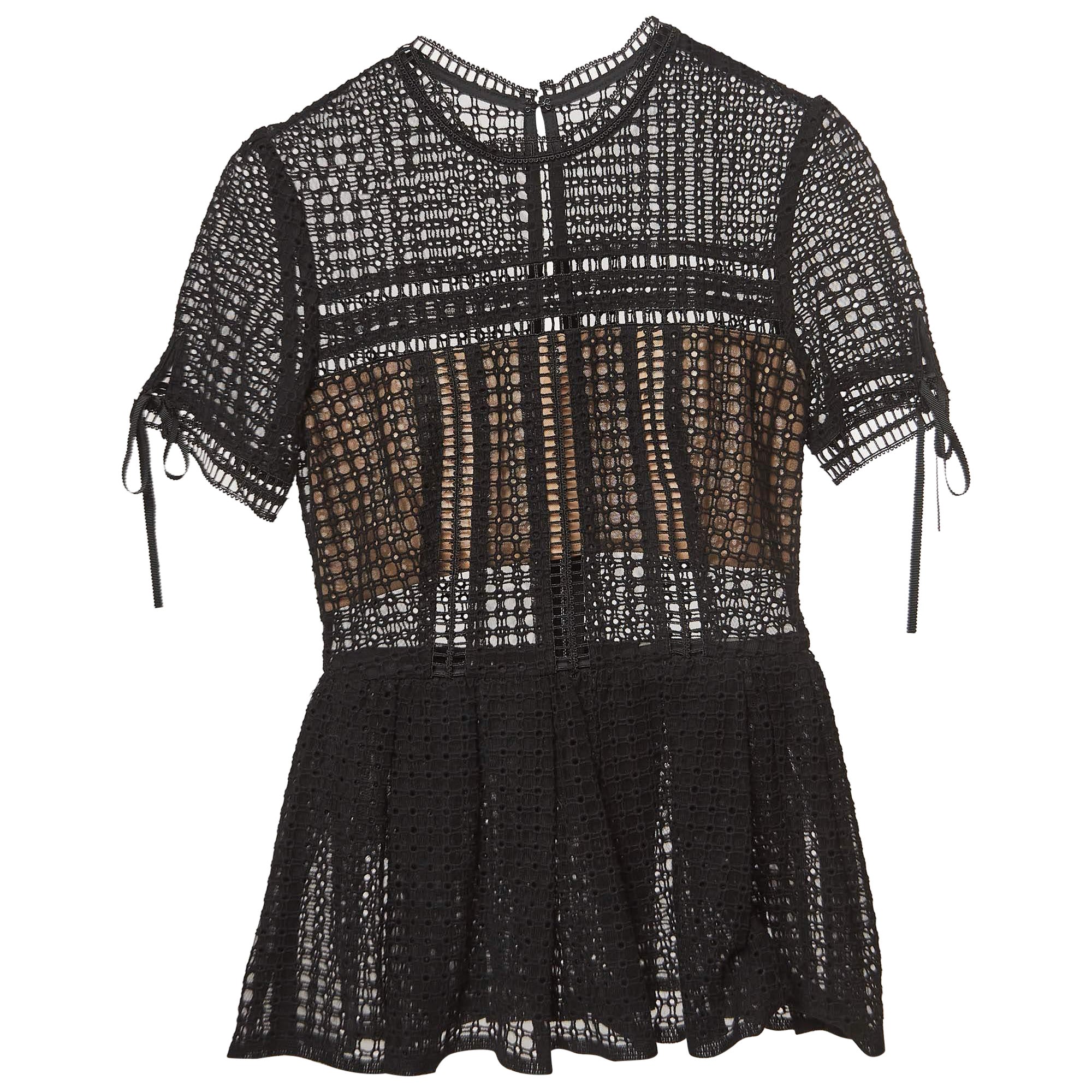 Self-Portrait Black Cotton Blend Peplum Blouse S For Sale