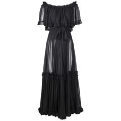 1970s Yves Saint Laurent YSL Black Silk Tiered Off the Shoulder Gown W/Lace Trim
