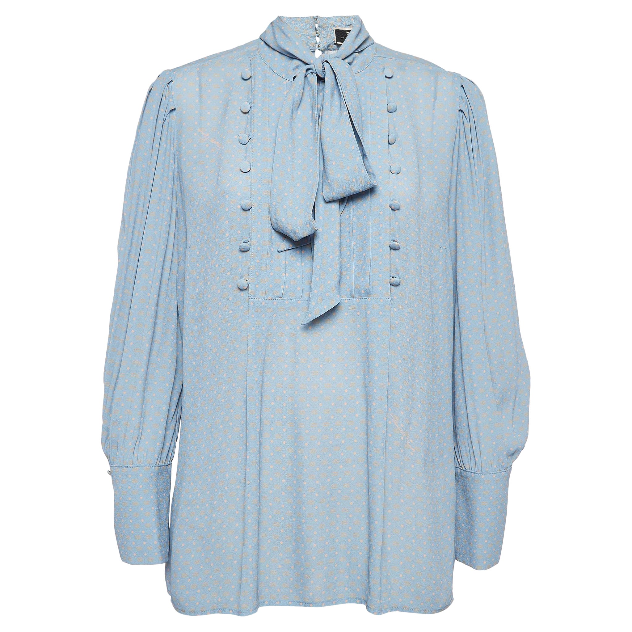 Elisabetta Franchi Blue Printed Crepe Tie Neck Blouse M For Sale