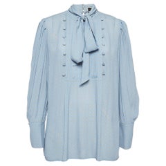 Elisabetta Franchi Blaue bedruckte Kreppbluse mit Krawattenausschnitt M