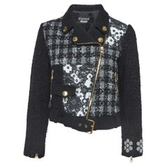 Boutique Moschino Monochrome Jacquard Trim Tweed Zipper Jacket M