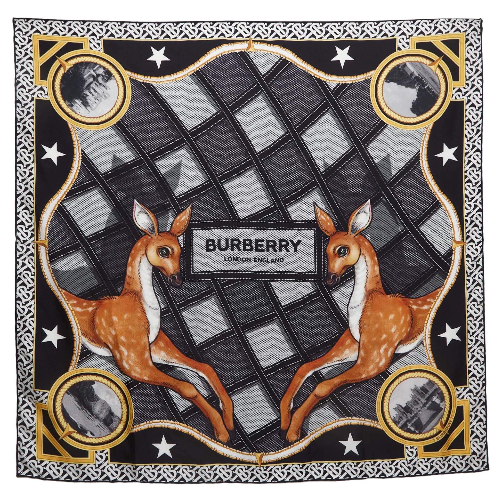 Burberry Schwarzer viereckiger Seidenschal mit Hirschmotiv im Angebot