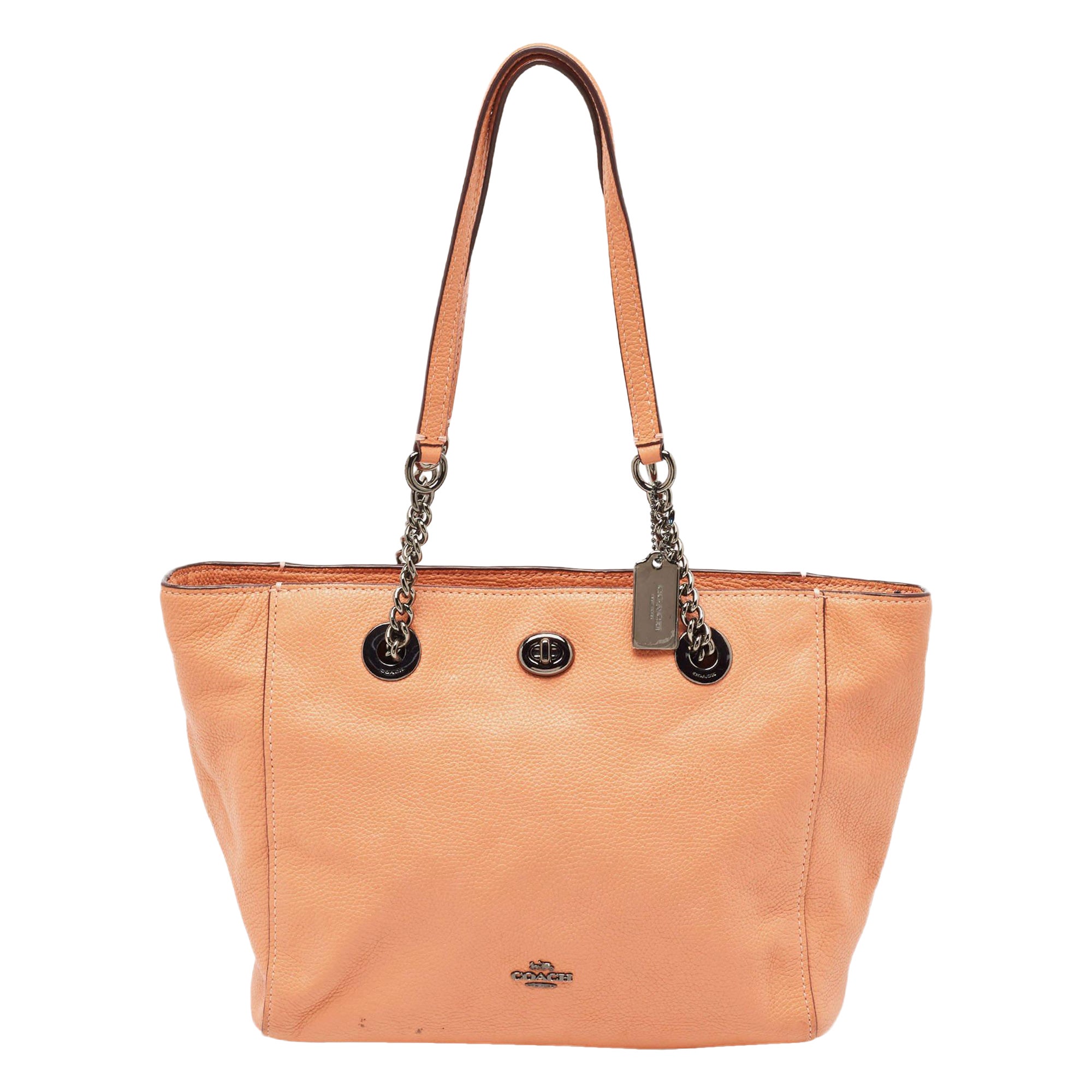 Coach Peach Leather Turnlock Chain Tote