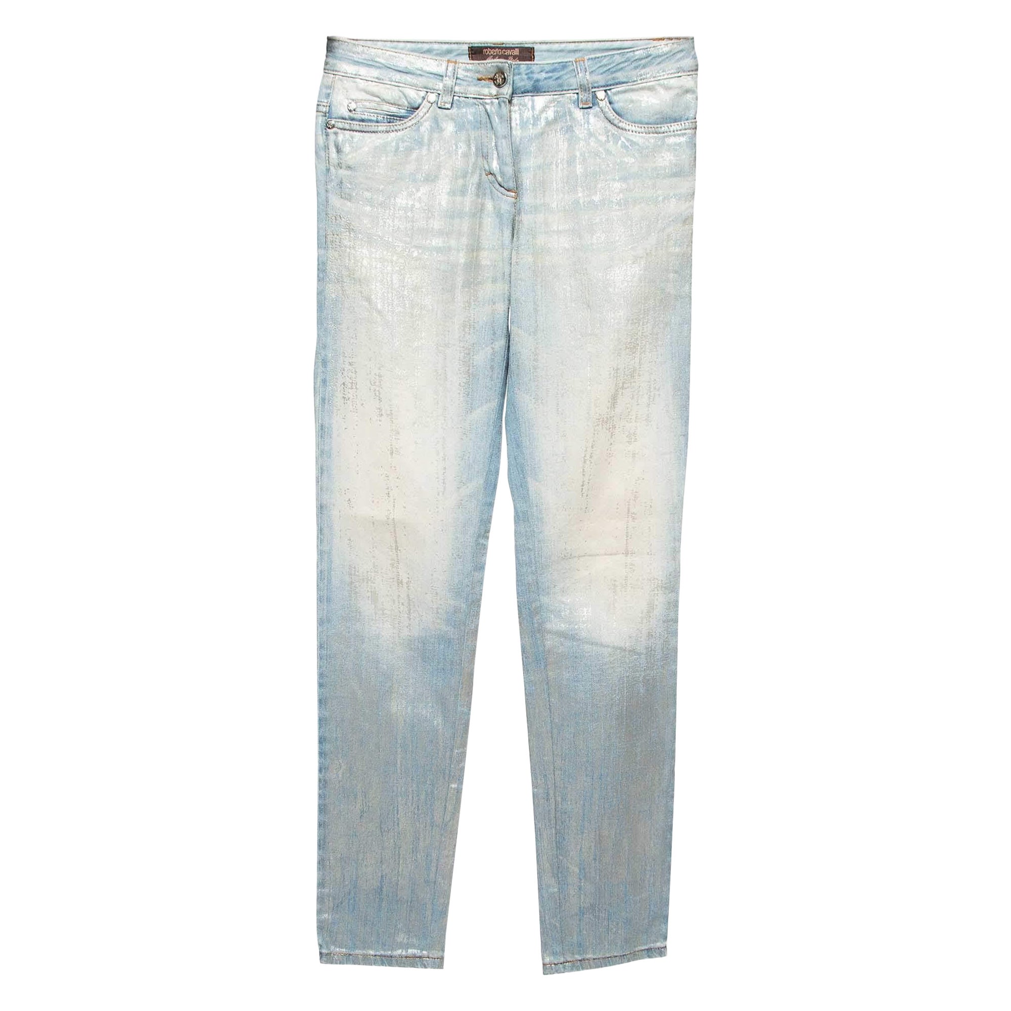 Roberto Cavalli Blue/Silver Metallic Print Denim Jeans S Waist 30'' For Sale