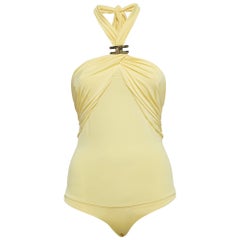 Elisabetta Franchi - Body con scollo a cravatta increspato in Jersey Logo metallizzato giallo S