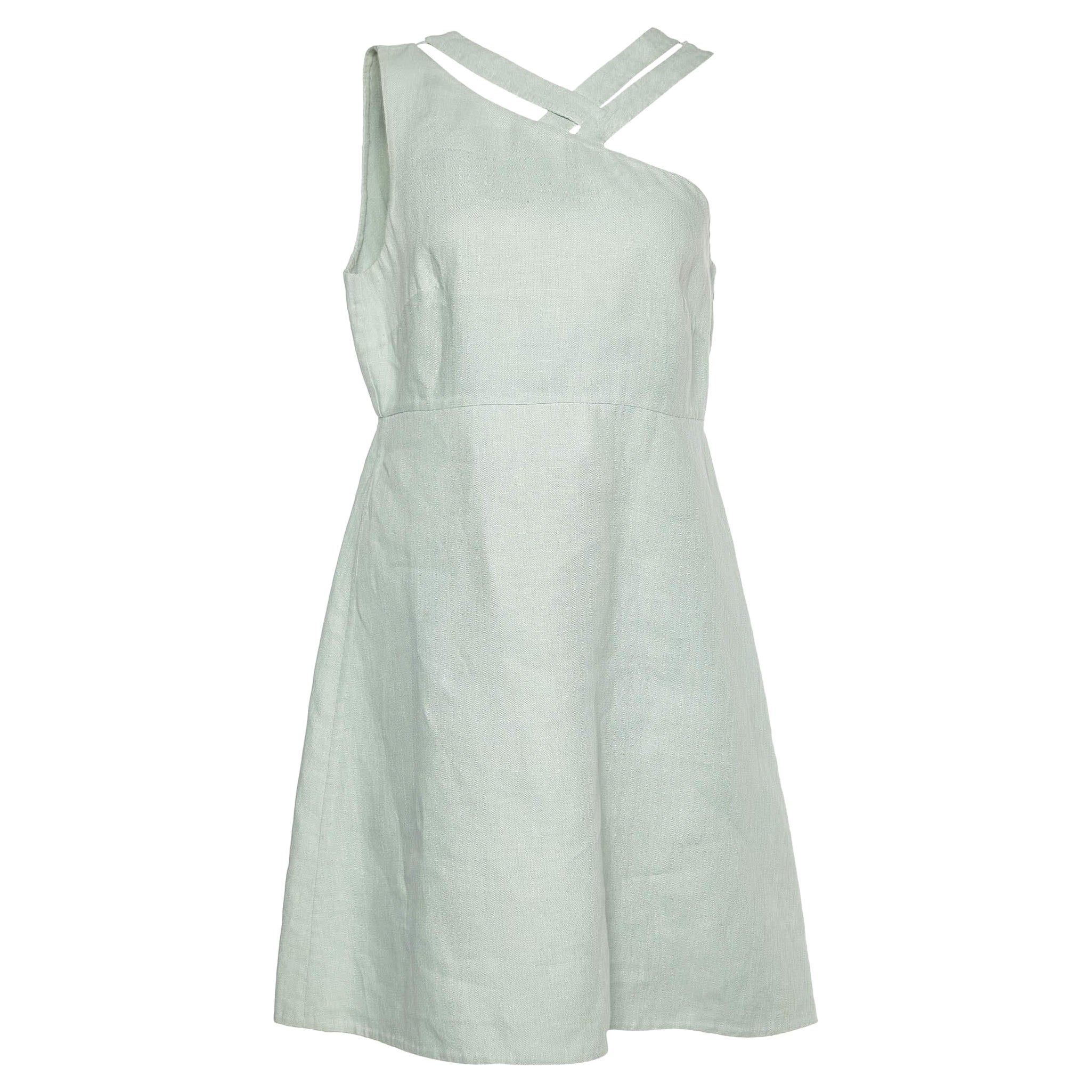 Valentino Sage Green Linen Asymmetric Neck Mini Dress M For Sale