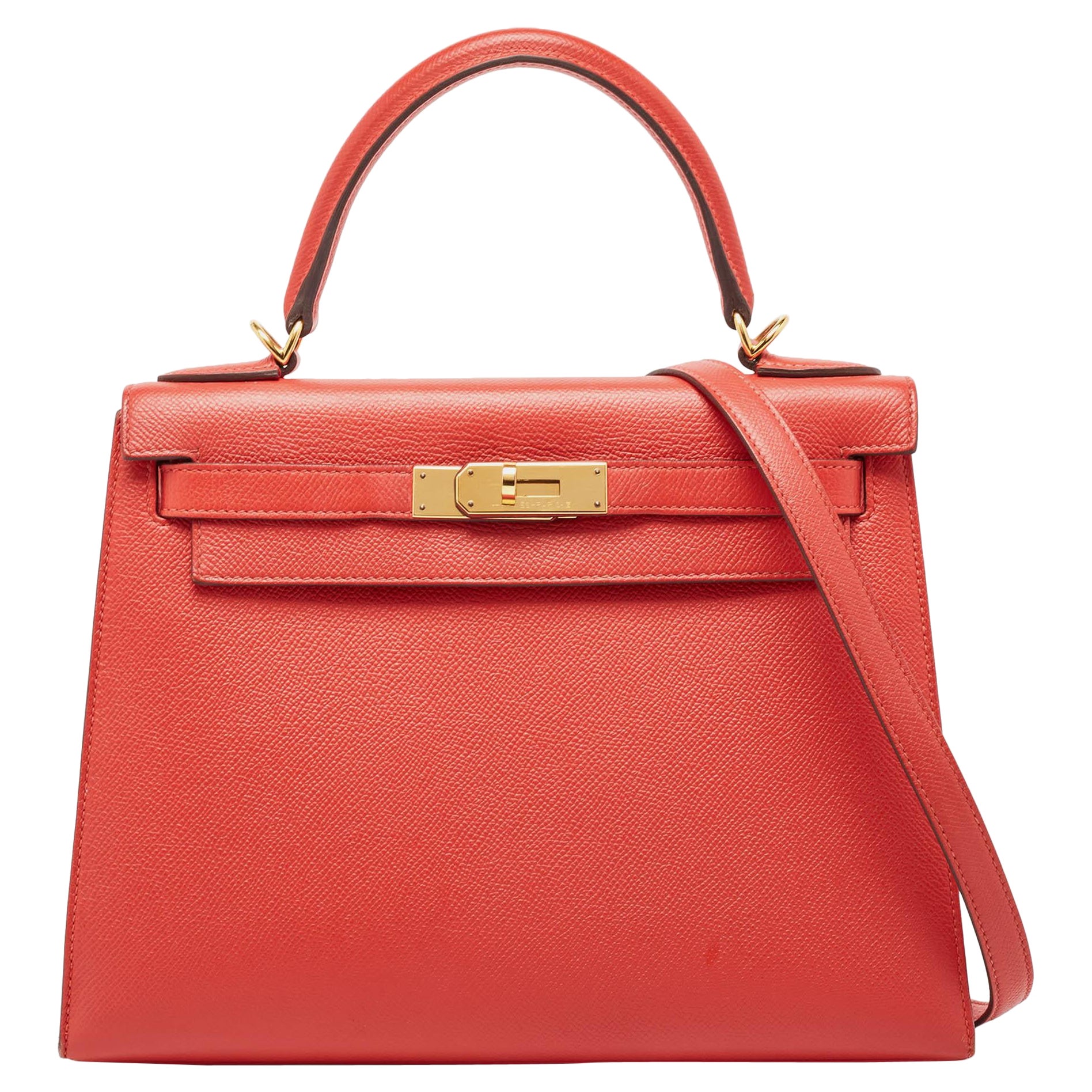 Hermes Rouge Tomate Epsom Leather Gold Finish Kelly Sellier 28 Bag For Sale