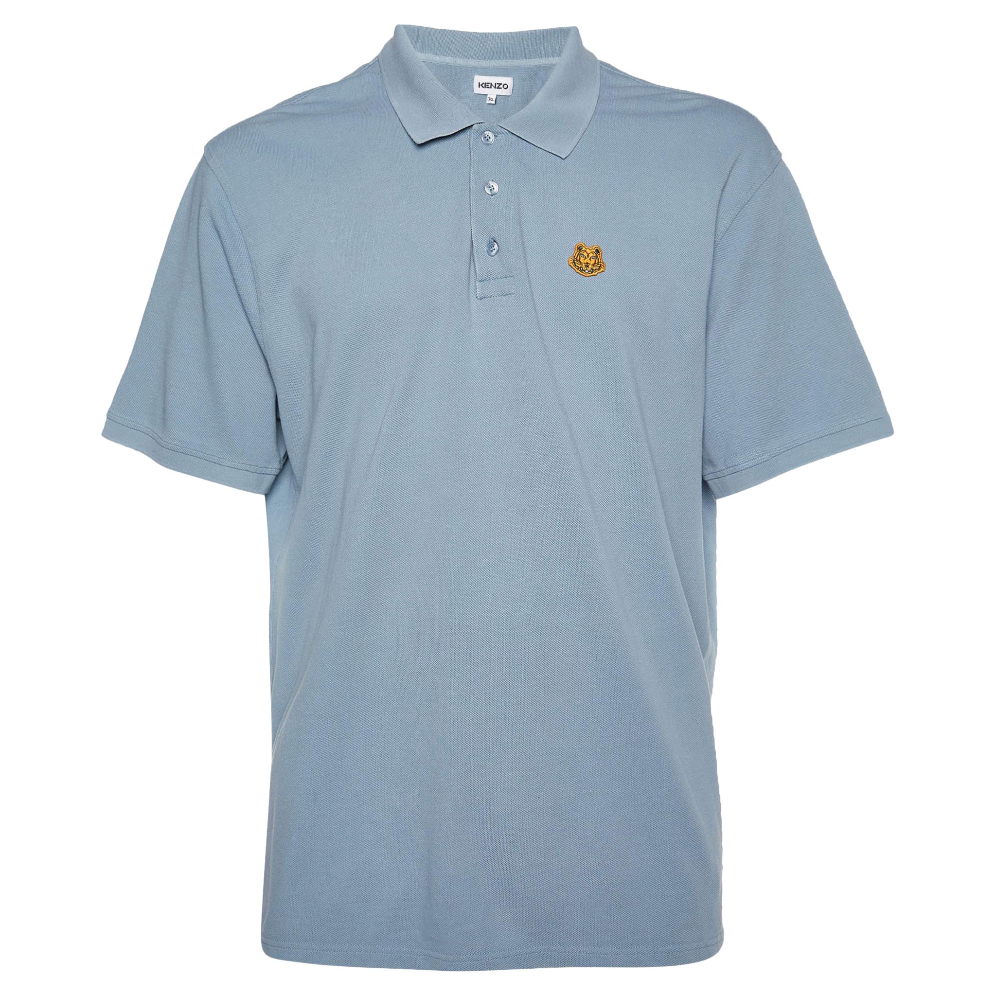 Kenzo Pale Blue Cotton Tiger Detail Polo T-Shirt XXXL For Sale