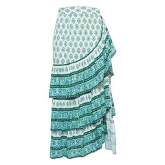 Sandro White/Green Print Cotton Tiered Midi Skirt S