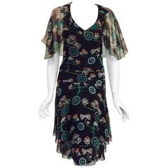 Chanel Spring 2001 Chocolate Silk Floral and Logo Print Dress Original Tags 2
