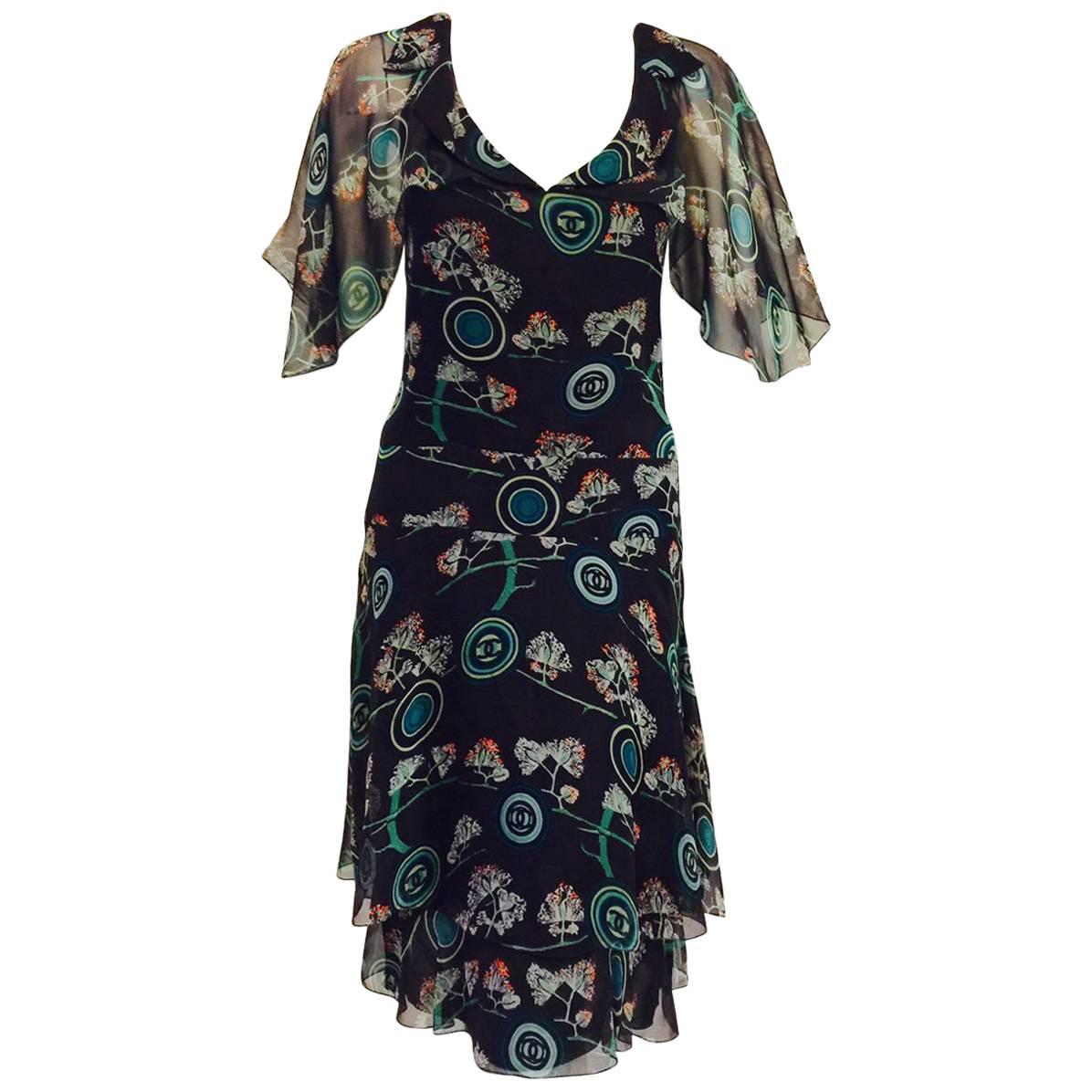 Chanel Dark Chocolate Silk Floral and Logo Print Dress, Spring 2001