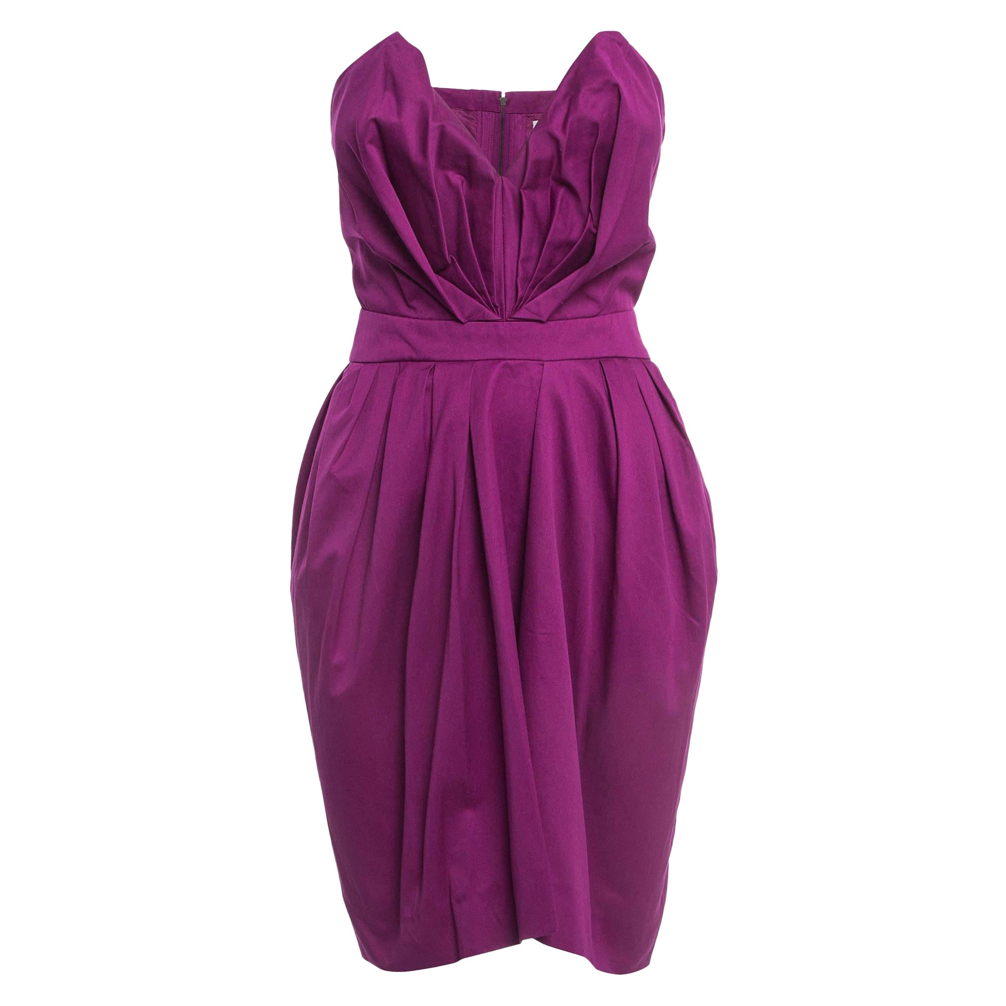 Yves Laurent Paris Purple Cotton Strapless Pleated Mini Dress S For Sale
