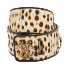 Roberto Cavalli Cintura in vita beige con stampa leopardata in tela e logo RC 95CM