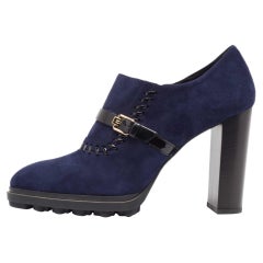 Tod's Navy Blue Suede Patent Leather Whipstitch Detail Ankle Booties Size 40.5
