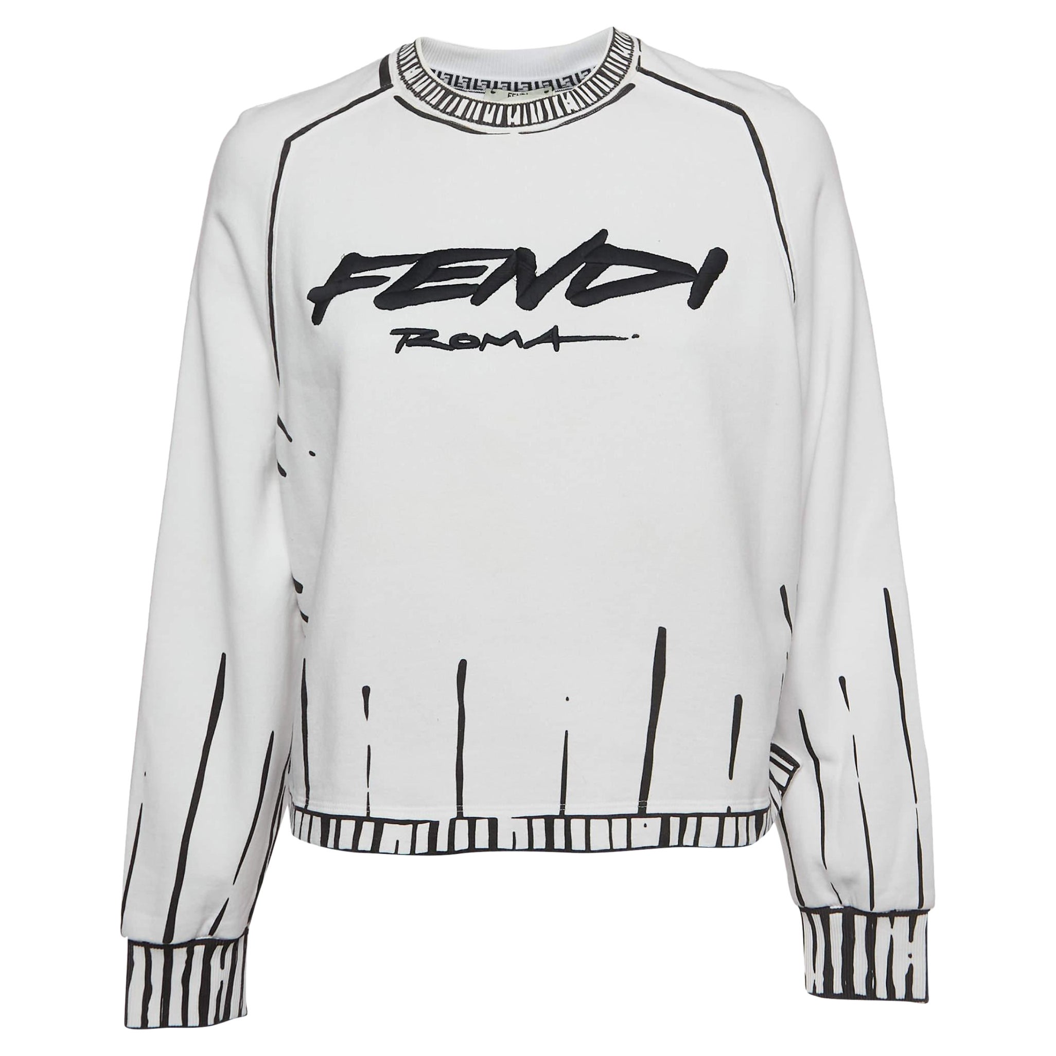 Fendi White Logo Embroidered Cotton Crew Neck Sweatshirt S.S.