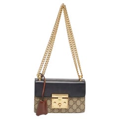 Gucci Nero/Beige GG Supreme Borsa a tracolla in tela e pelle con lucchetto piccolo
