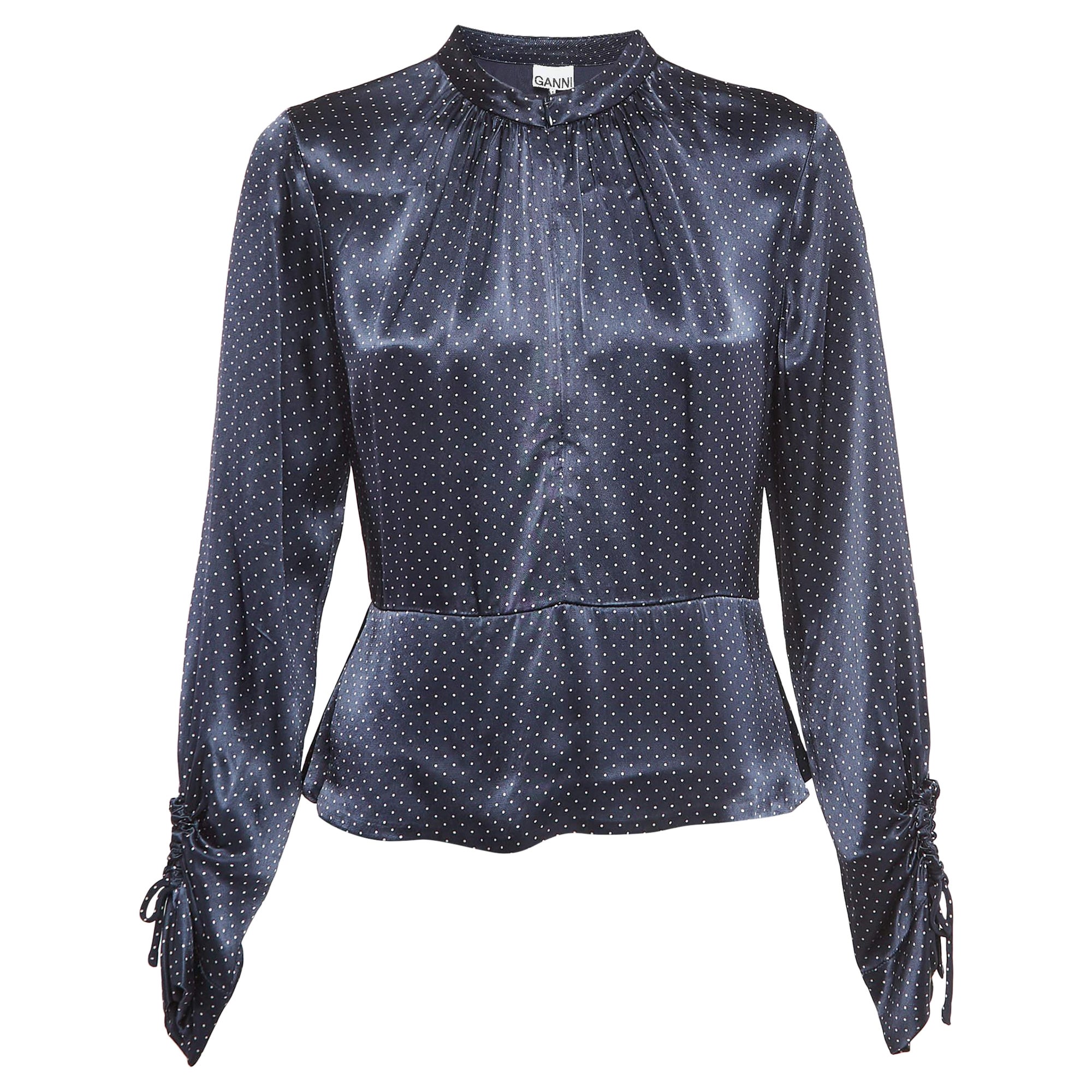 Ganni Navy Blue Polka Dot Print Satin Tie-Up Open Back Blouse S For Sale