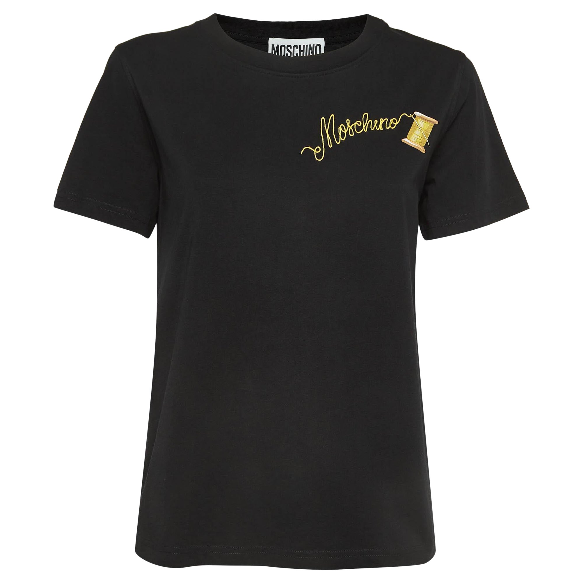 Moschino Couture Black Logo Embroidered Cotton Half Sleeve T T-Shirt M. en vente