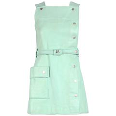 Vintage 1970's Courreges Aqua Blue Vinyl Mini Pinafore Dress 