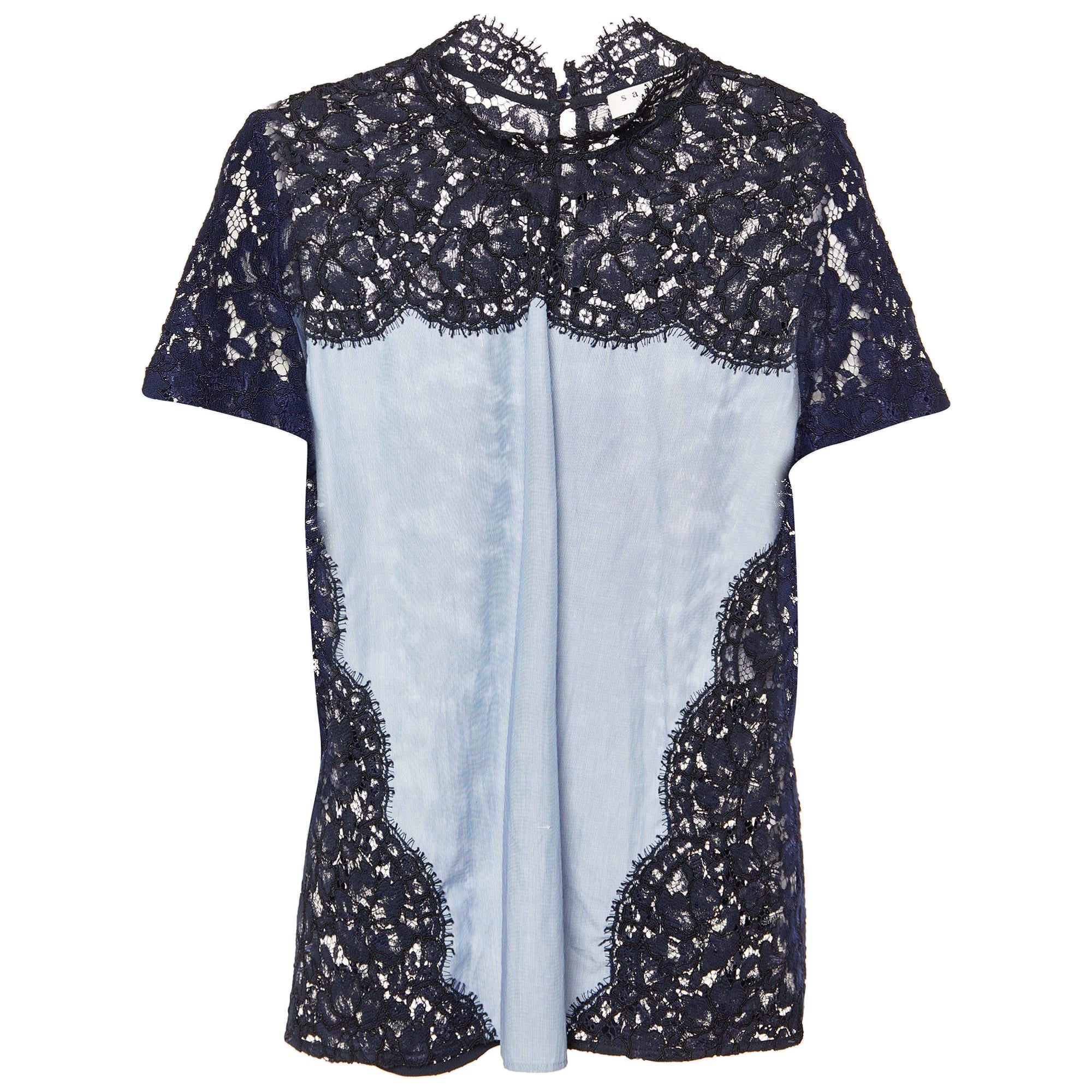 Sandro Blue Lace and Cotton High Neck Blouse M For Sale