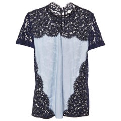 Sandro Blue Lace and Cotton High Neck Blouse M