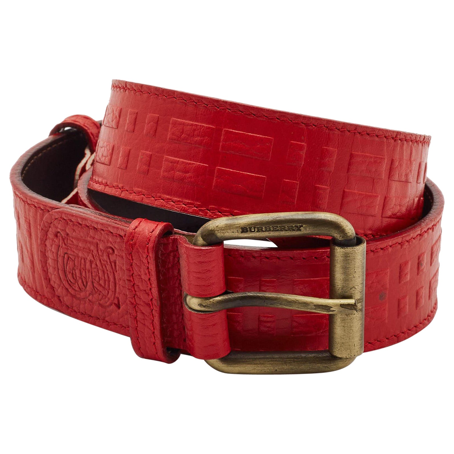 Burberry Red Embossed Leather Buckle Belt 80CM