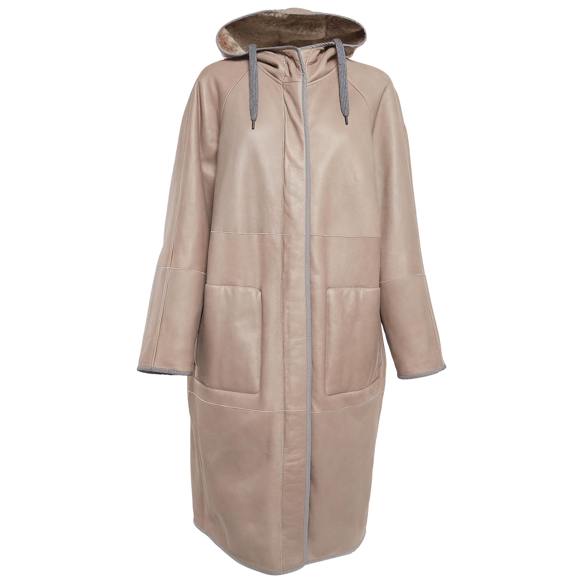 Brunello Cucinelli Tan Reversible Hooded Shearling Coat XL For Sale