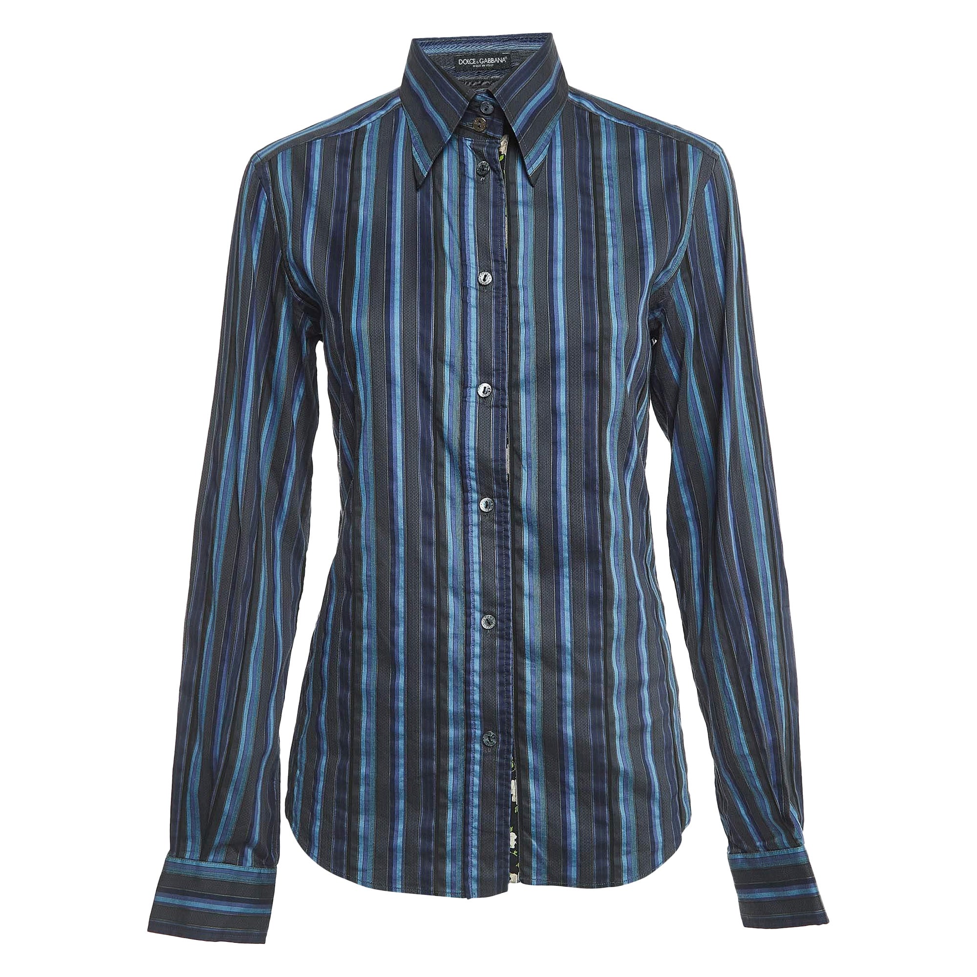 Dolce & Gabbana Blue Striped Cotton Full Sleeve Shirt M For Sale
