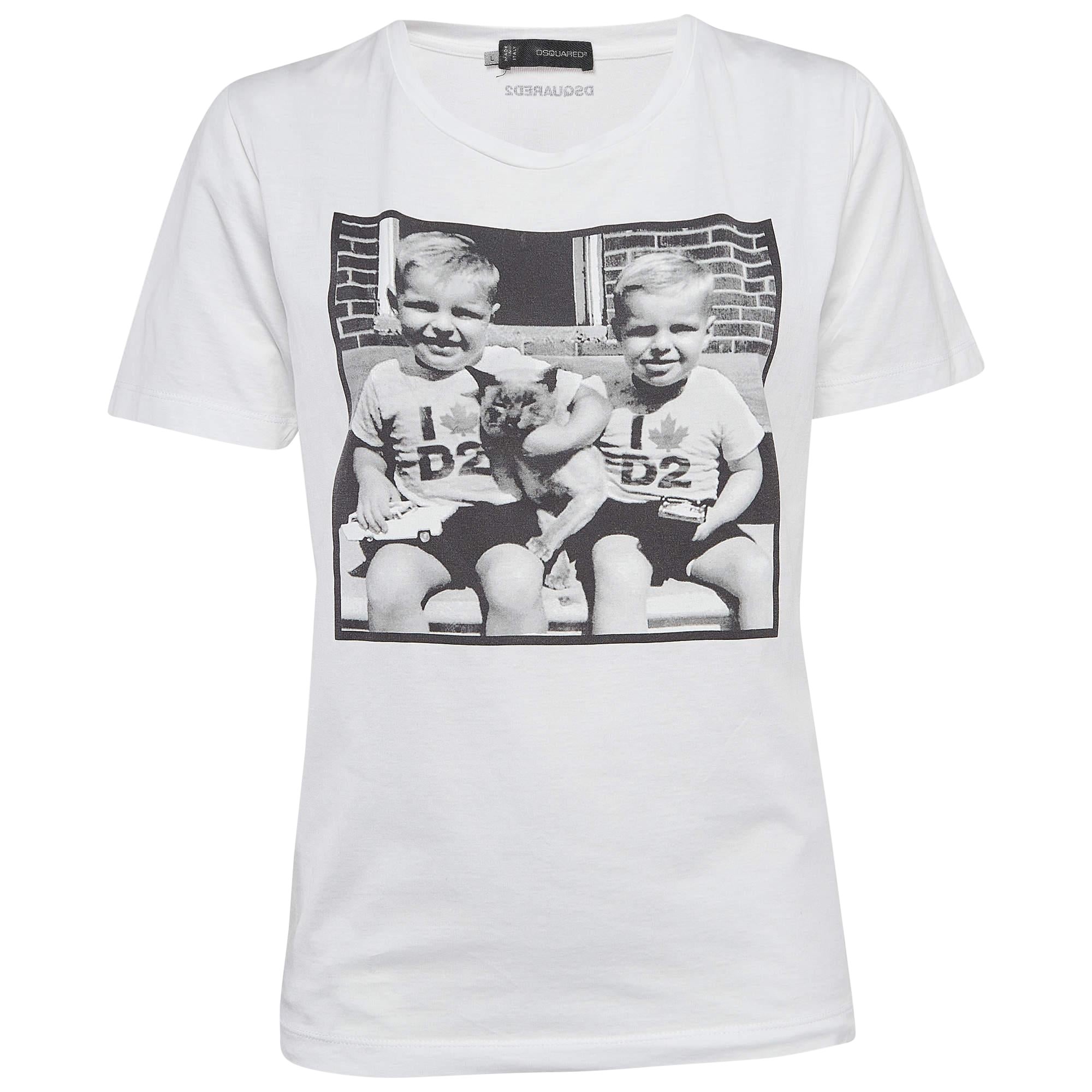 Dsquared2 White Digital Print Cotton Half Sleeve T-Shirt L For Sale