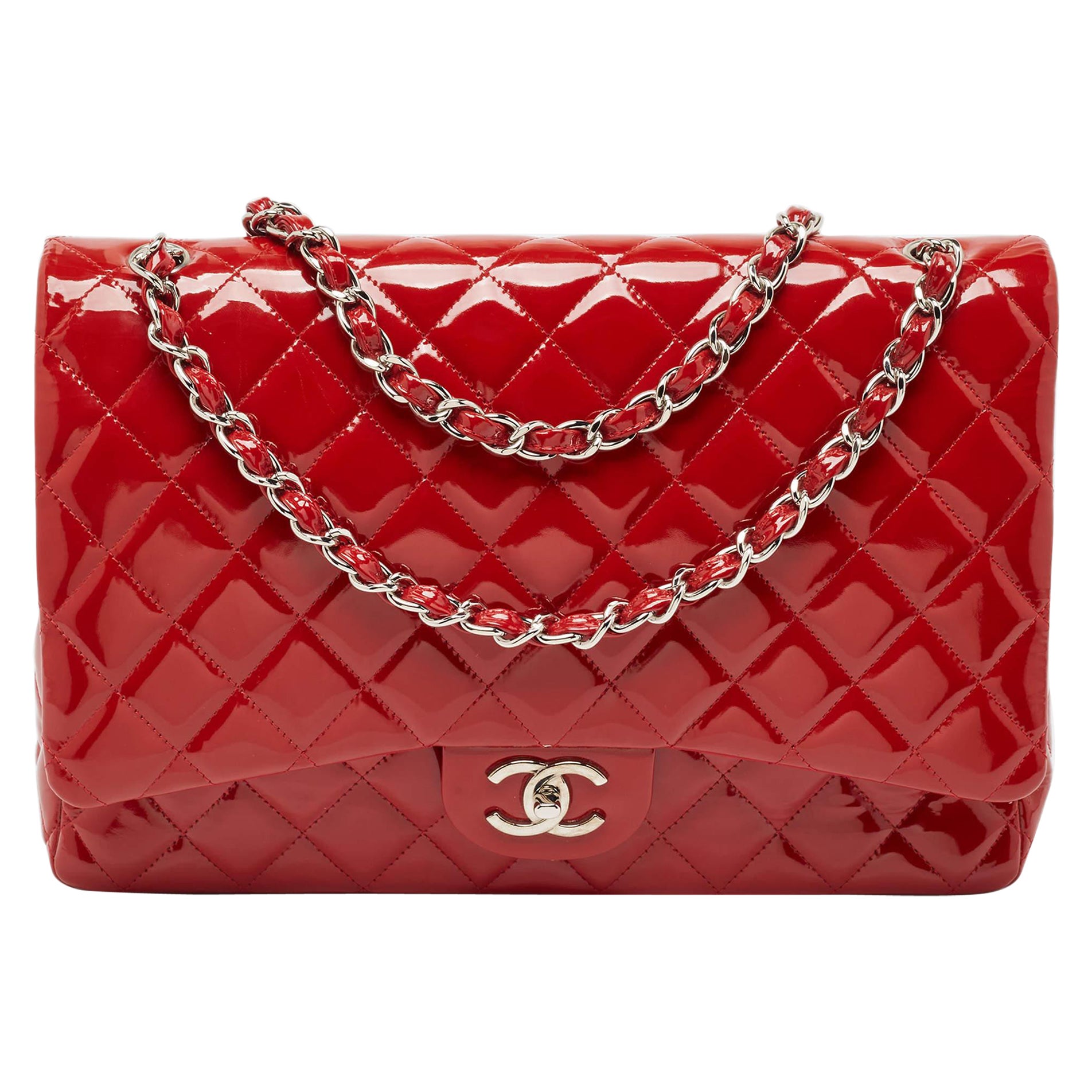 Chanel Red Quilted Patent Leather Maxi Classic Double Flap Bag For Sale