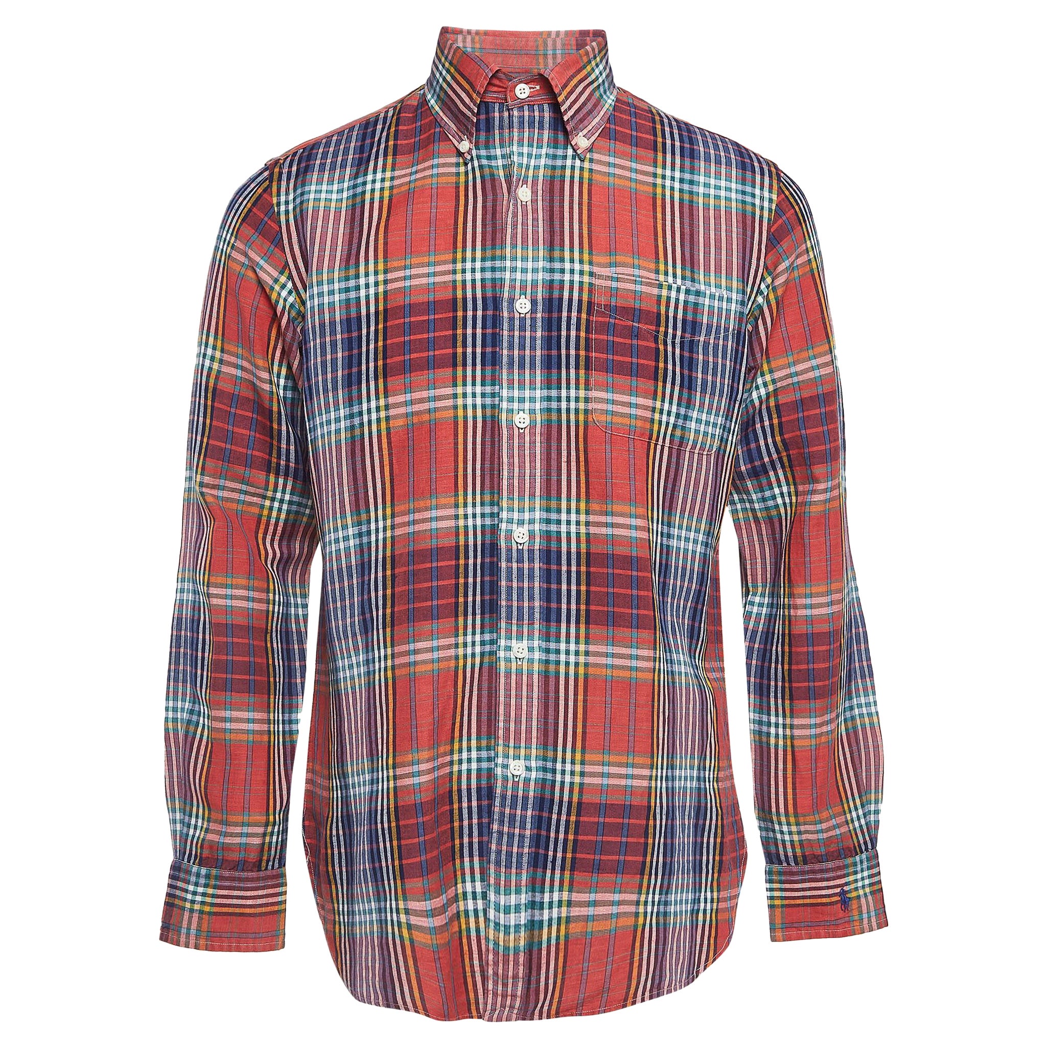 Ralph Lauren Camisa de cuadros de tartán multicolor en mezcla de lino de ajuste personalizado M