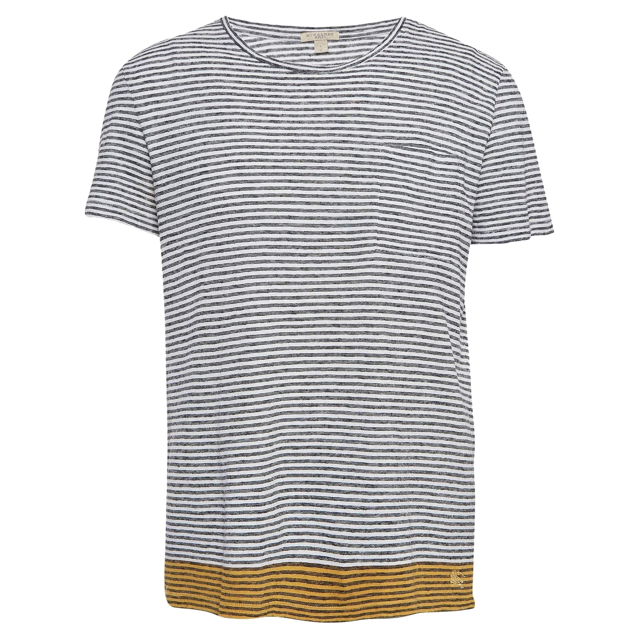 Burberry Brit White Striped Linen Blend Half Sleeve T-Shirt L For Sale
